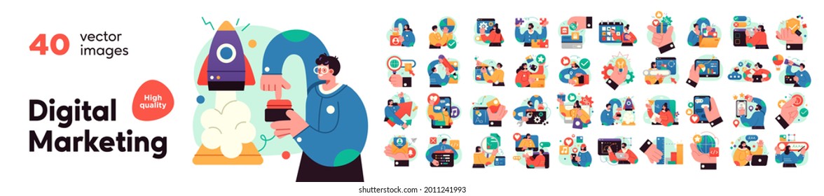 Digital Marketing illustrations. Mega set. Collection of scenes with men and women taking part in business activities. Trendy vector style