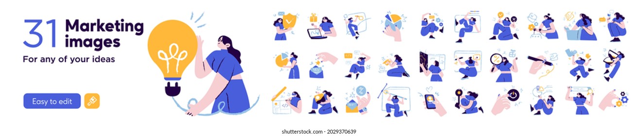 Digital Marketing illustrations. Mega set. Collection of scenes with men and women taking part in business activities. Trendy vector style