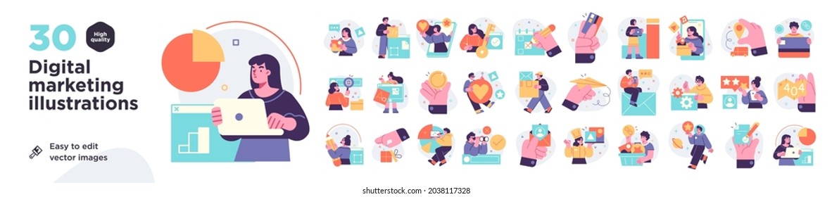 Digital Marketing illustrations. Mega set. Collection of scenes with men and women taking part in business activities. Trendy vector style