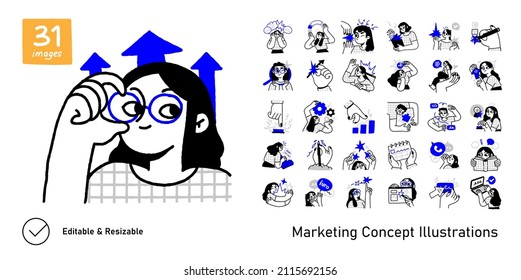 Digital Marketing illustrations. Mega set. Collection of scenes with men and women taking part in business activities. Trendy vector style - Shutterstock ID 2115692156