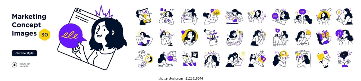 Digital Marketing illustrations. Mega set. Collection of scenes with men and women taking part in business activities. Trendy vector style - Shutterstock ID 2126518544