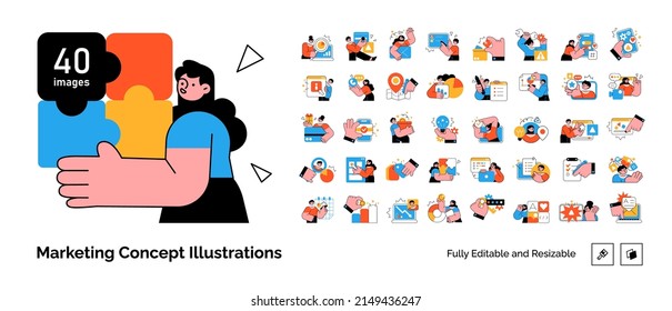 Digital Marketing illustrations. Mega set. Collection of scenes with men and women taking part in business activities. Trendy vector style