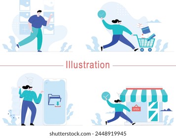 Digital Marketing illustrations. Mega set. Collection of scenes with men and women taking part in business activities. Trendy vector style