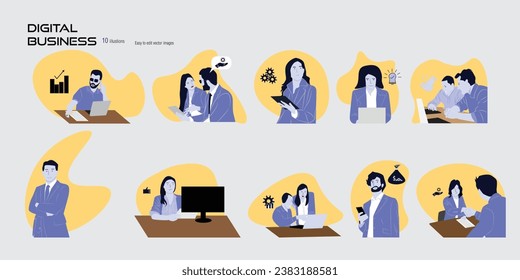 Digital Marketing illustrations set. Collection of men and women taking part in business activities . Flat artt , Trendy vector style.