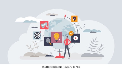 Digital marketing for international or global advertising tiny person concept. Worldwide network with ads, internet banners or promotion with SEO search tools vector illustration. Web target audience