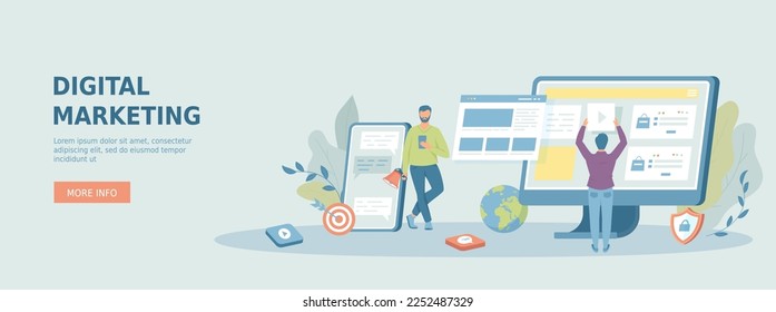 Digital marketing, internet advertisement. Content strategy and management, analysis, development. Promotional web banner. Cartoon flat vector illustration with people characters.	
