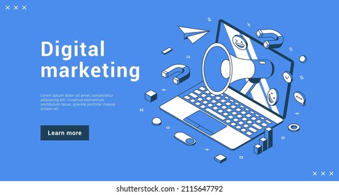 Digital marketing internet business strategy and management advertising announce with megaphone and laptop. Banner landing page e commerce promo sale discount isometric vector illustration