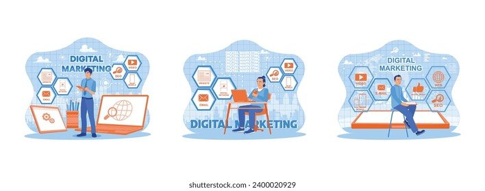 Digital marketing is the internet marketing concept. Digital marketing, SEO. Improve marketing strategies by optimizing SEO search engines. Set Trend Modern vector flat illustration