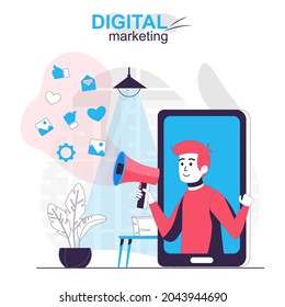 Digital marketing isolated cartoon concept. Online advertising campaign at mobile app, people scene in flat design. Vector illustration for blogging, website, mobile app, promotional materials.