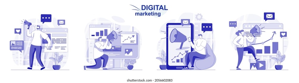 Digital marketing isolated set in flat design. People attraction new clients and online promotion, collection of scenes. Vector illustration for blogging, website, mobile app, promotional materials.