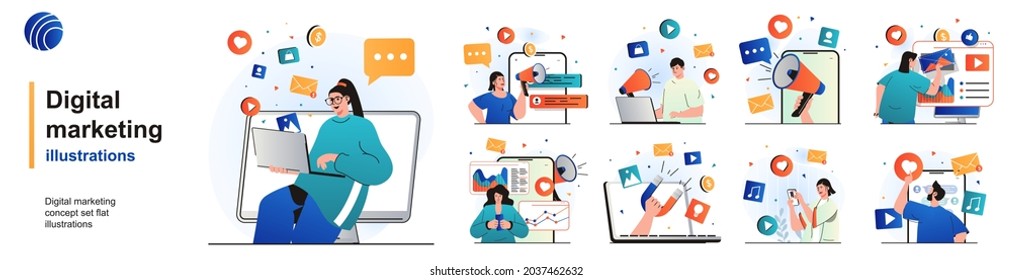 Digital marketing isolated set. Online promotion and attraction new clients. People collection of scenes in flat design. Vector illustration for blogging, website, mobile app, promotional materials.