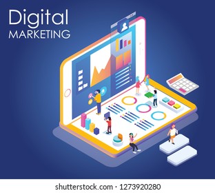 Digital Marketing Isometric Artwork where people are working to promote a brand on social media platform 