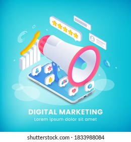 Digital marketing Isometric banner. Social Media Mobile Concept. 3d apps icons, loudspeacker on smartphone screen, graphs. Business analysis vector illustration for web site, mobile app, infographics.