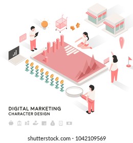 digital marketing isometric character design element set