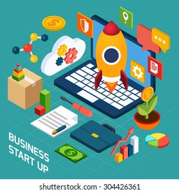 Digital Marketing Isometric Concept With 3d Notebook And Startup Icons Vector Illustration
