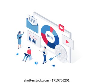 Digital marketing isometric concept. Advertising and people characters. People are developing a marketing strategy. Trendy flat 3d isometric style. Vector illustrator