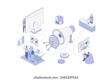 Digital marketing isometric concept in outline isometry design for web. People attracting audience, targeting goals, making online promotion and advertising in social networks. Vector illustration.