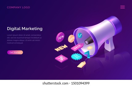 Digital marketing, isometric concept vector illustration. Big megaphone or loudspeaker and 3D sale and discount promo icons, landing web page of advertising agency to increase sales Ultraviolet banner