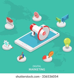 Digital marketing isometric flat vector concept. Megaphone stays on smartphone surrounded marketing icons. E-mail, video, blogging, social campaign, seo, advertising, blogging, communication.