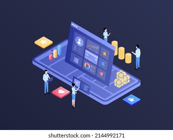 Digital Marketing Isometric Illustration Dark Gradient. Suitable for Mobile App, Website, Banner, Diagrams, Infographics, and Other Graphic Assets.