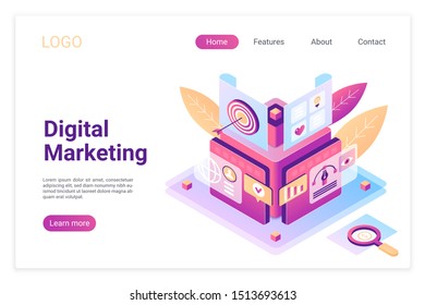 Digital marketing isometric landing page template. E-commerce strategy planning. User profile analysis, targeting customers metaphor. SEO for better performance, website ranking stats.