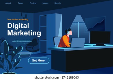 Digital marketing isometric landing page. Marketer working with computer in office website template. SMM and SEO technology, social media and web content promotion perspective flat vector illustration