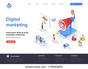 Digital Marketing isometrische Landing Page. Marketing-Forschung, Business-Analyse und Präsentation, Social-Targeting-Isometrie-Webseite. Website flache Vorlage, Vektorgrafik mit Personenzeichen