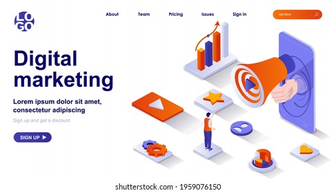 Digital marketing isometric landing page. Online advertising promotion isometry concept. Attraction clients, business growth 3d web banner. Vector illustration with people characters in flat design
