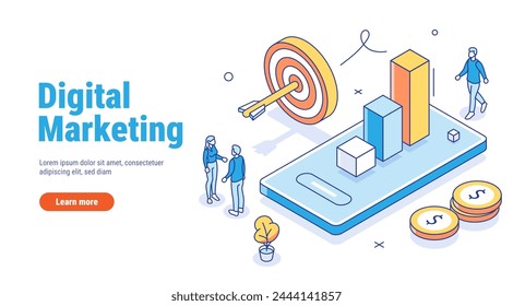 Digital marketing, isometric outline business concept. Smartphone with finance graph, target and other business objects. People are achieving financial success. Hitting the target. 3d isometric