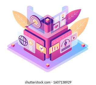 Digital marketing isometric vector illustration. Personal multimedia library. Cloud data storage platform. Online services with global access. SMM cartoon conceptual design element