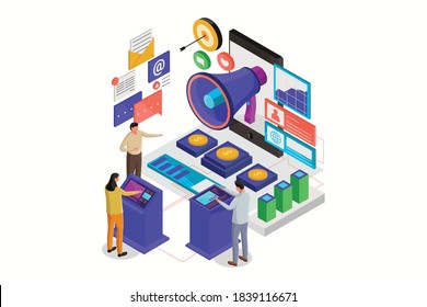 Digital Marketing Isometric.Business analysis, content strategy and management. Advertising and social media concept.Vector illustration.