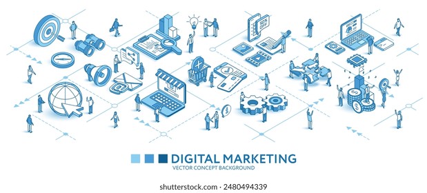 Digital marketing journey isometric seamless pattern. Line 3d icons, people characters, arrows. Develop, business infograph. Vector background teamwork concept illustration. Advertising strategy, seo