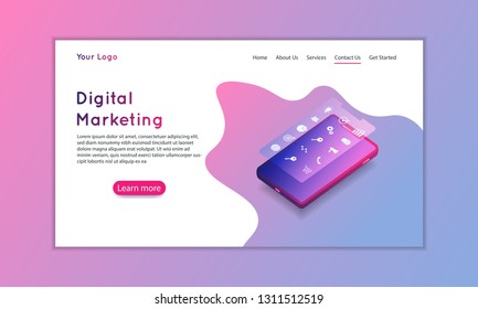 Digital marketing landing page. 3d isometric flat design concept for web site. Vector illustration
