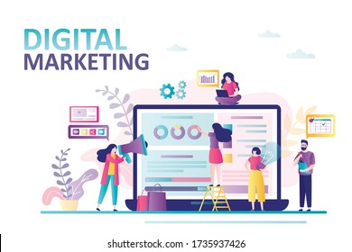 Digital Marketing Landing Page. Business Team Analyzes Internet Traffic. Advertising And Sales Through Social Networks. Teamwork, Online Technology. Tiny People At Workplace. Flat Vector Illustration