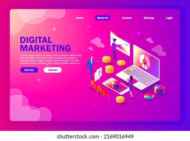 Digital Marketing Landing Page. Isometric Design Concept Digital Marketing 