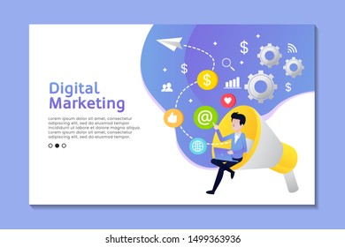 Digital marketing landing page with man sitting one the megaphone