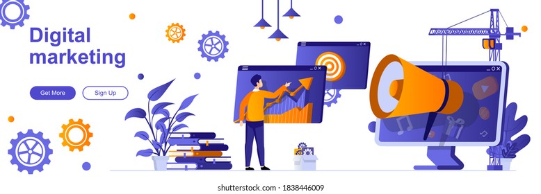 Digital marketing landing page with people. Social media and web content promotion web banner. SMM and SEO technology vector illustration. Flat concept great for social media promotional materials.