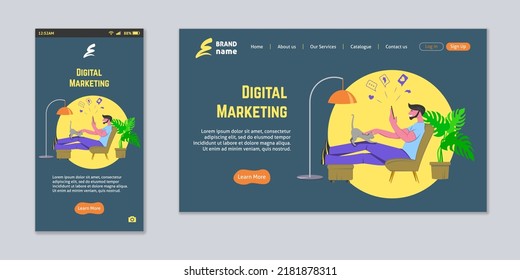 Digital Marketing Landing Page, Refer A Friend Loyalty Program, Social Media Promotion. Man At Home With Smartphone, Vector Illustration.