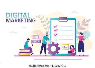 Digital marketing landing page template. Promotion and SEO. Business plan development, content strategy and time management. Teamwork, group of various businesspeople. Flat Vector illustration