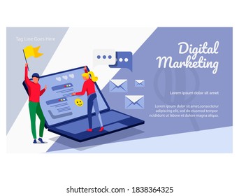 Digital marketing landing page template. Business team working on business content strategy. Website advertising and promotion, e-commerce campaign flat vector illustration flat vector illustration