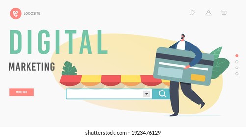 Digital Marketing Landing Page Template. Marketplace Online Shopping, Wireless Payment. Tiny Customer Character with Huge Credit Card Buying Goods in Internet Store. Cartoon Vector Illustration