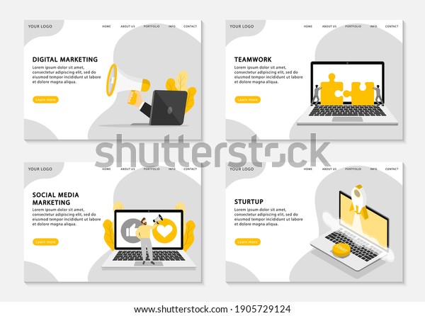 Digital marketing landing pages. Set
of web page templates for digital marketing, social media
marketing, teamwork and start up business. Vector
illustration.