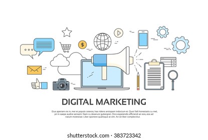 Digital Marketing Laptop Business Megaphone Device Loudspeaker Web Banner Set Vector Illustration