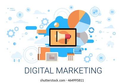 Digital Marketing Laptop Business Megaphone Device Loudspeaker Web Banner Set Vector Illustration