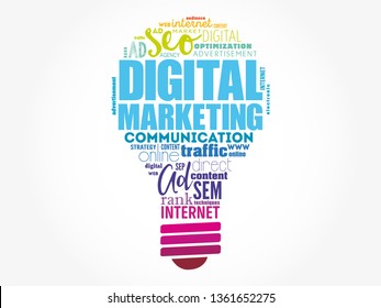 Digital Marketing light bulb word cloud, business concept background