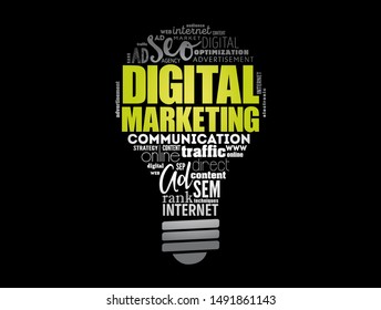Digital Marketing light bulb word cloud, business concept background