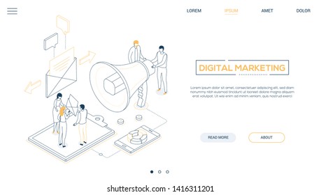 Digital Marketing - Line Design Style Isometric Web Banner With Copy Space For Text. Website Header With Male, Female Colleagues, Business People Discussing Strategy, Images Of Megaphone, Smartphone