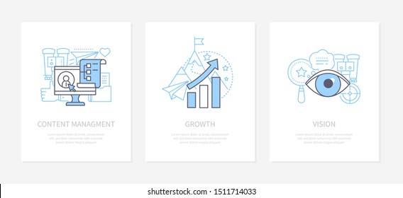 Digital marketing - line design style icons set. Content management, growth, vision linear banners with text space. Social media, blogging infographic web elements. Website managing, optimization