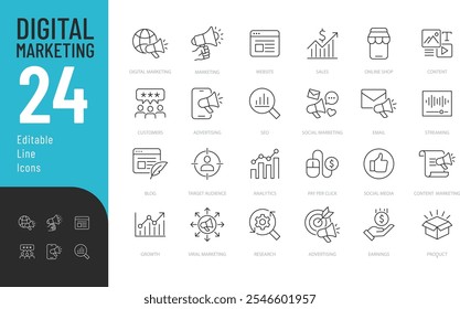 Digital Marketing Line Editable Icons set. Vector illustration in modern thin line style of advertisement related icons: online shop, content, streaming, and more.