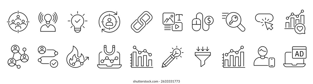 Digital Marketing Line Editable Icons set. Vector illustration in modern thin line style of online business related icons: advertisement, sales, content analysis, and more